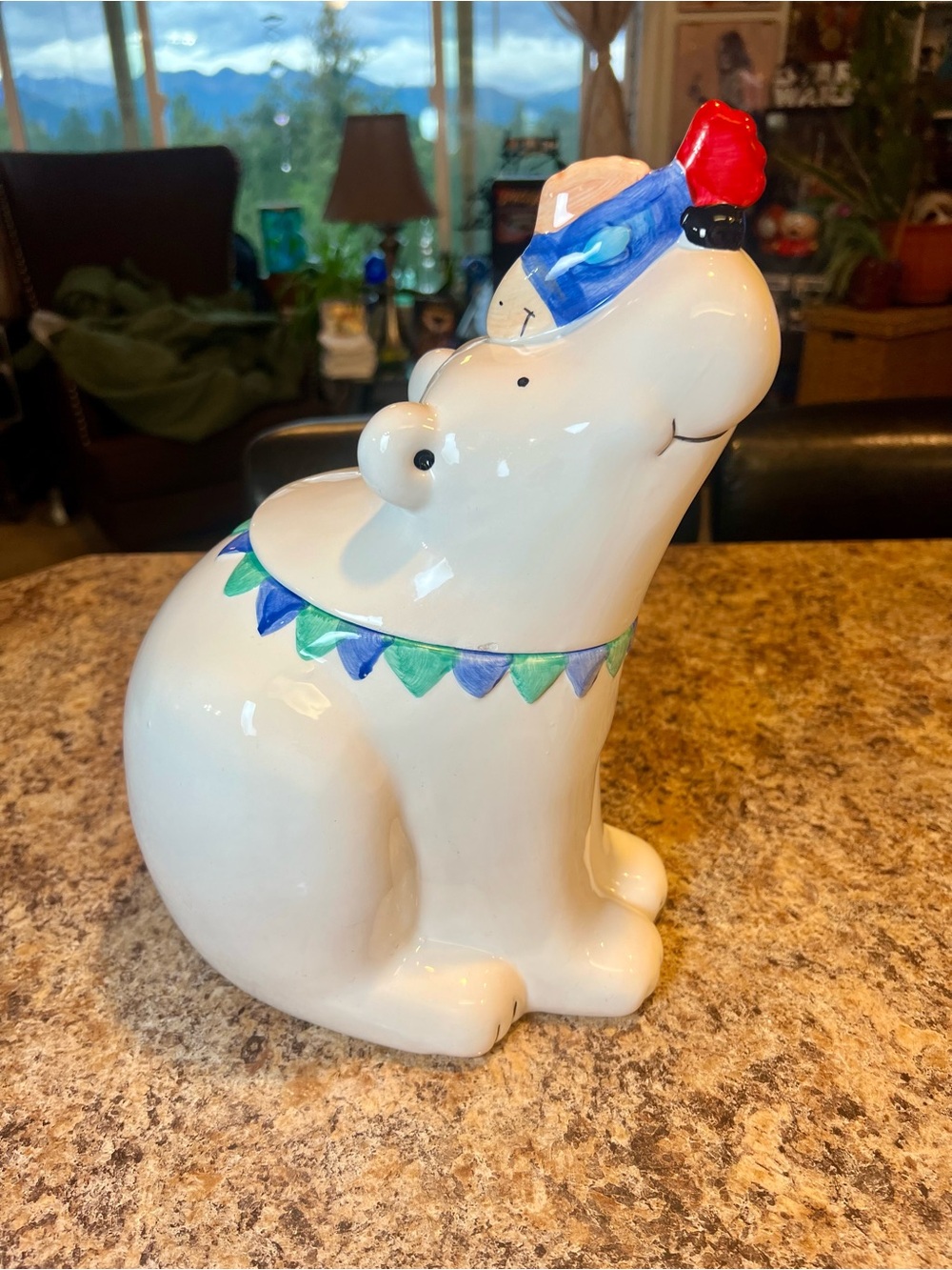 Ceramic Polar Bear Cookie Jarwith Blue & Green Banner